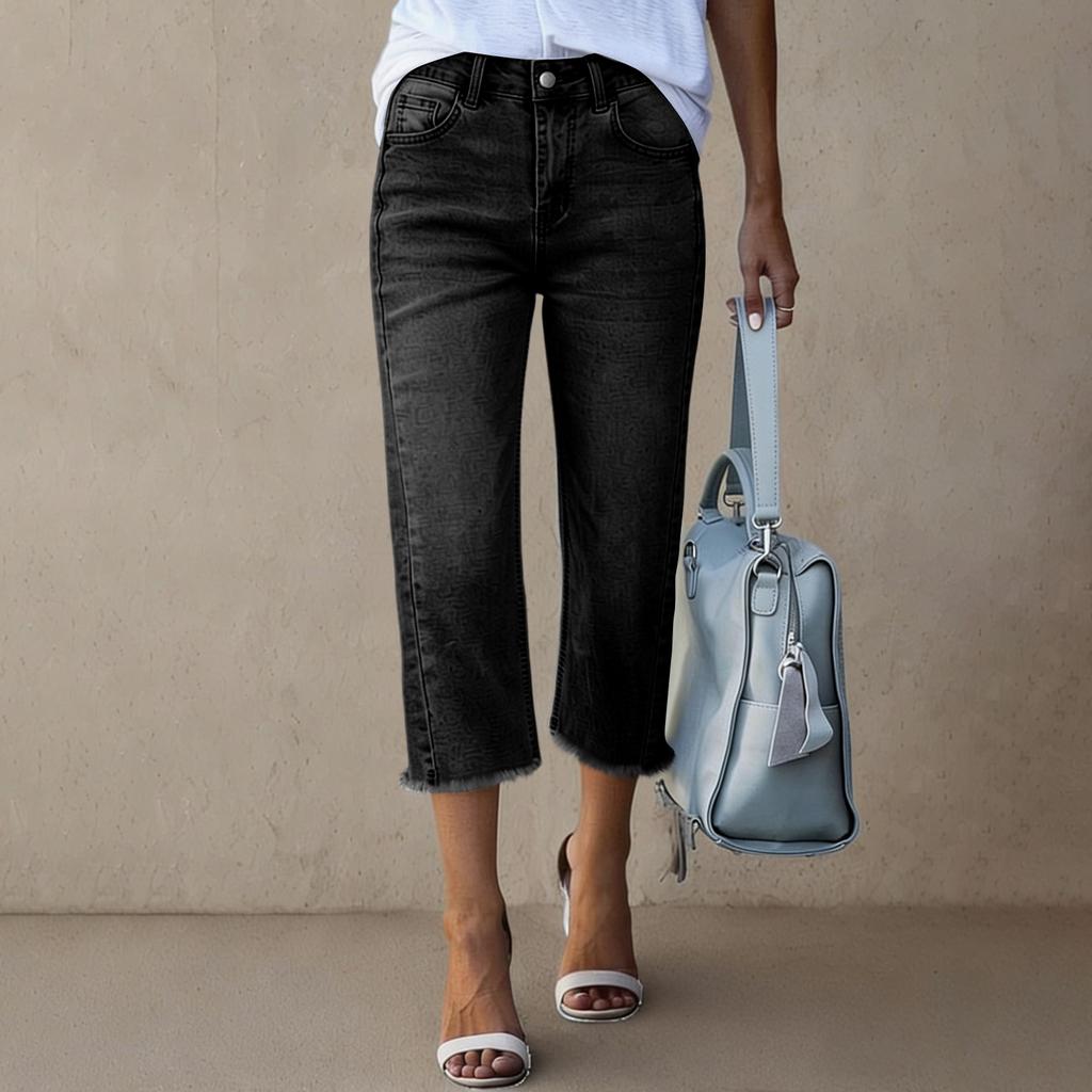 Pantalon Court Mode Taille Haute Classique Polyvalent en Denim pour Femmes