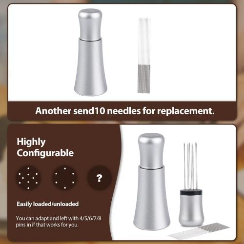 WDT Tools Espresso Dispensing Tool, 10 X 0.35mm 304 Stainless Steel Needles, 10 Extra Needles for Espresso Muddler Replacement, Aluminum Alloy Handle,