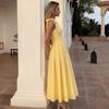 Bow suspender yellow dress women's waist tailoring with large pendulum version, small person looks tall
