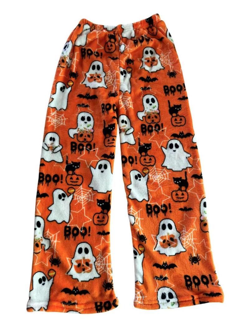 Halloween Cartoon KT Cat Flannel Sleep Pants: Women's Autumn-Winter Plus Velvet Warm Casual Graffiti Homewear.