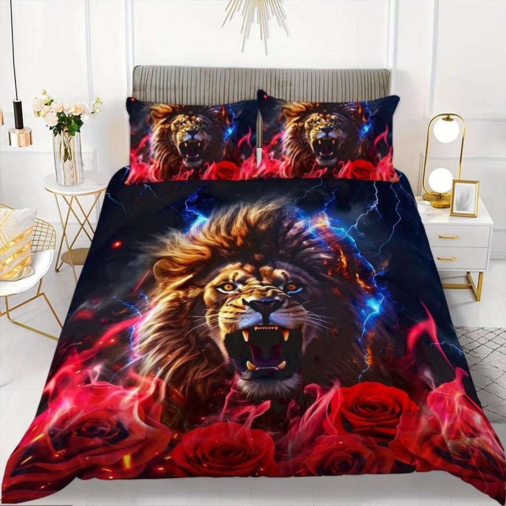 Cross-border Digital Lion Brushed Fabric Three-Piece Bedding Set