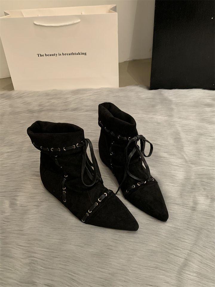 Skládané špičaté krátké boty dámské ploché dno pásky 2025 léto a podzim nové retro niche Maillard westernové kovbojské boty