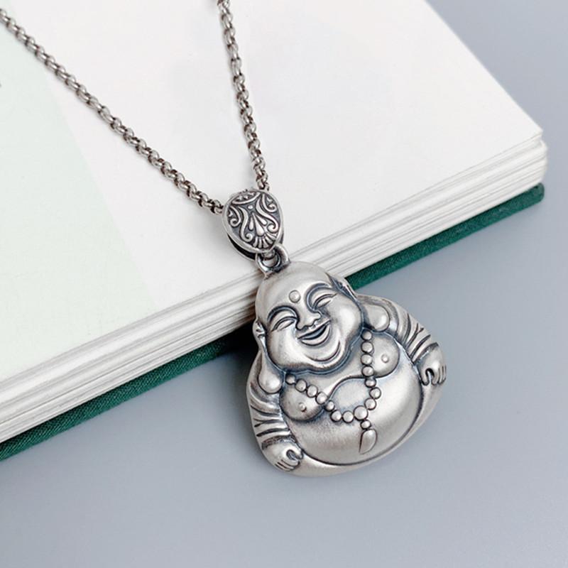 Personality Silver 925 Chain Necklace For Women Jewelry Retro Maitreya Buddha Pendnant Female Amulet Big Belly Buddha Necklace