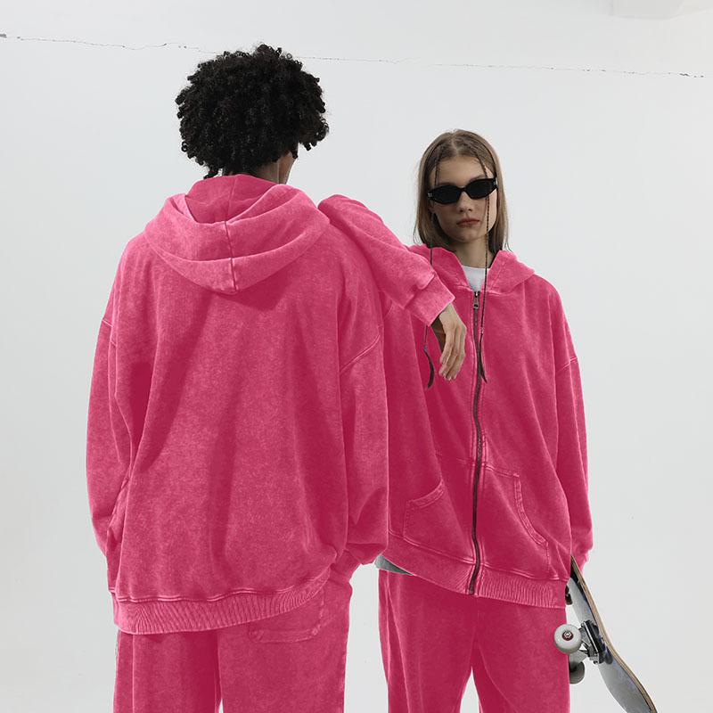 350g Retro Washed Distressed Zipper Hoodie with Drop Shoulders, Loose Fit, and Oversized Casual Cardigan Style