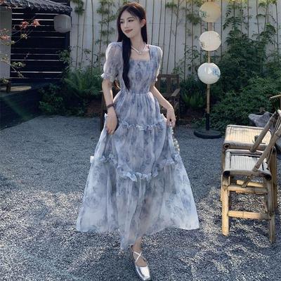 Super Fairy Mori Square Collar Floral Dress for Women's Summer New Wooden Ear Edge French Temperament Waist and Thin Long Dress