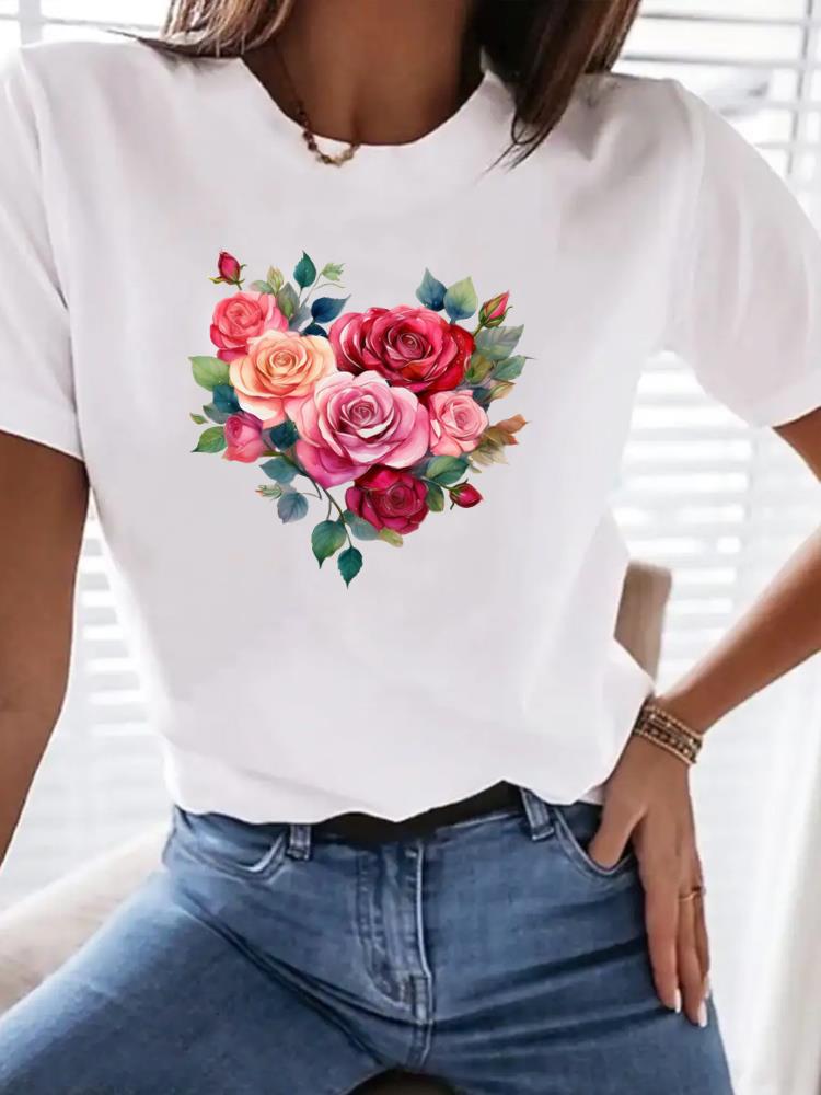 (Asian Size) love heart flower cute Print Female Clothing T Shirt Women Fashion Tee Top Woman Short Sleeve Graphic T-shirts