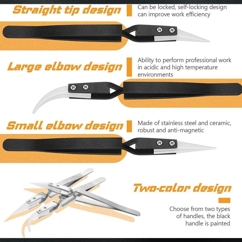 Precision Reverse Ceramic Tweezers Non-Conductive,Anti-Magnetic Point Curved Tips Tweezers Set for Cross Lock Soldering