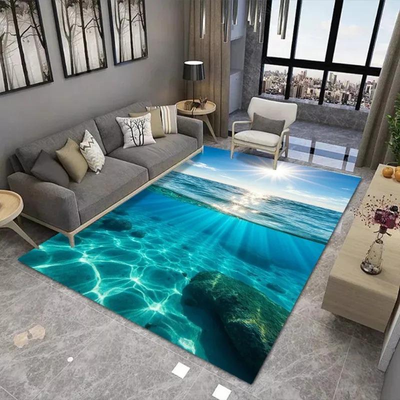 Modern Ocean Print Carpet Use for Living Room Home Bedroom Sofa Area Decoration Soft Non-Slip Washable Floor Mat Very Beautiful