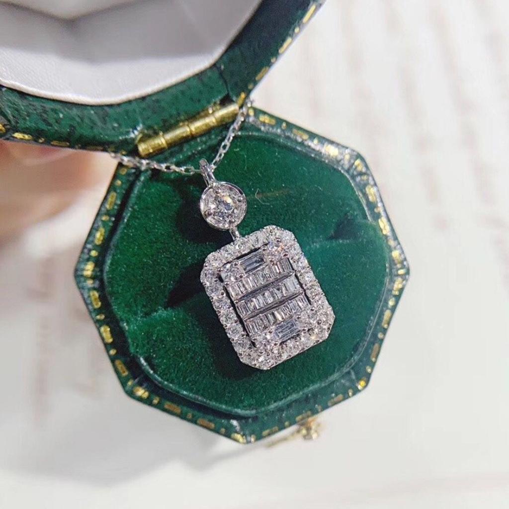 Two Tier Round and Baguette Mixed Cut Cubic Zirconia Halo Square Pendant Luxury Women Clavicle Necklace