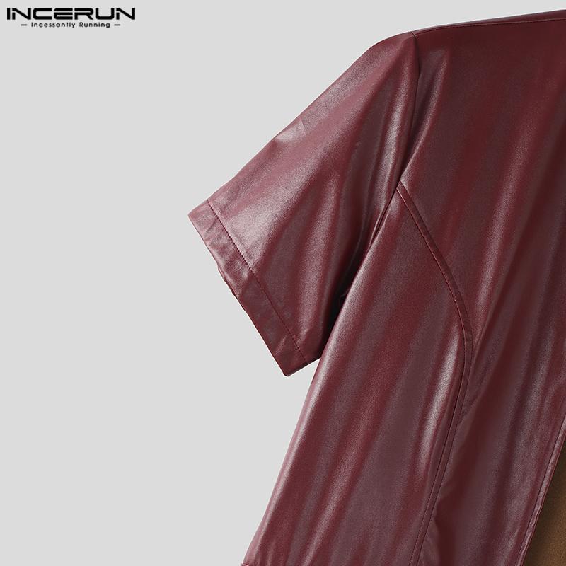INCERUN Men Short Sleeve PU Open Front Faux Leather Long Cardigan Coats