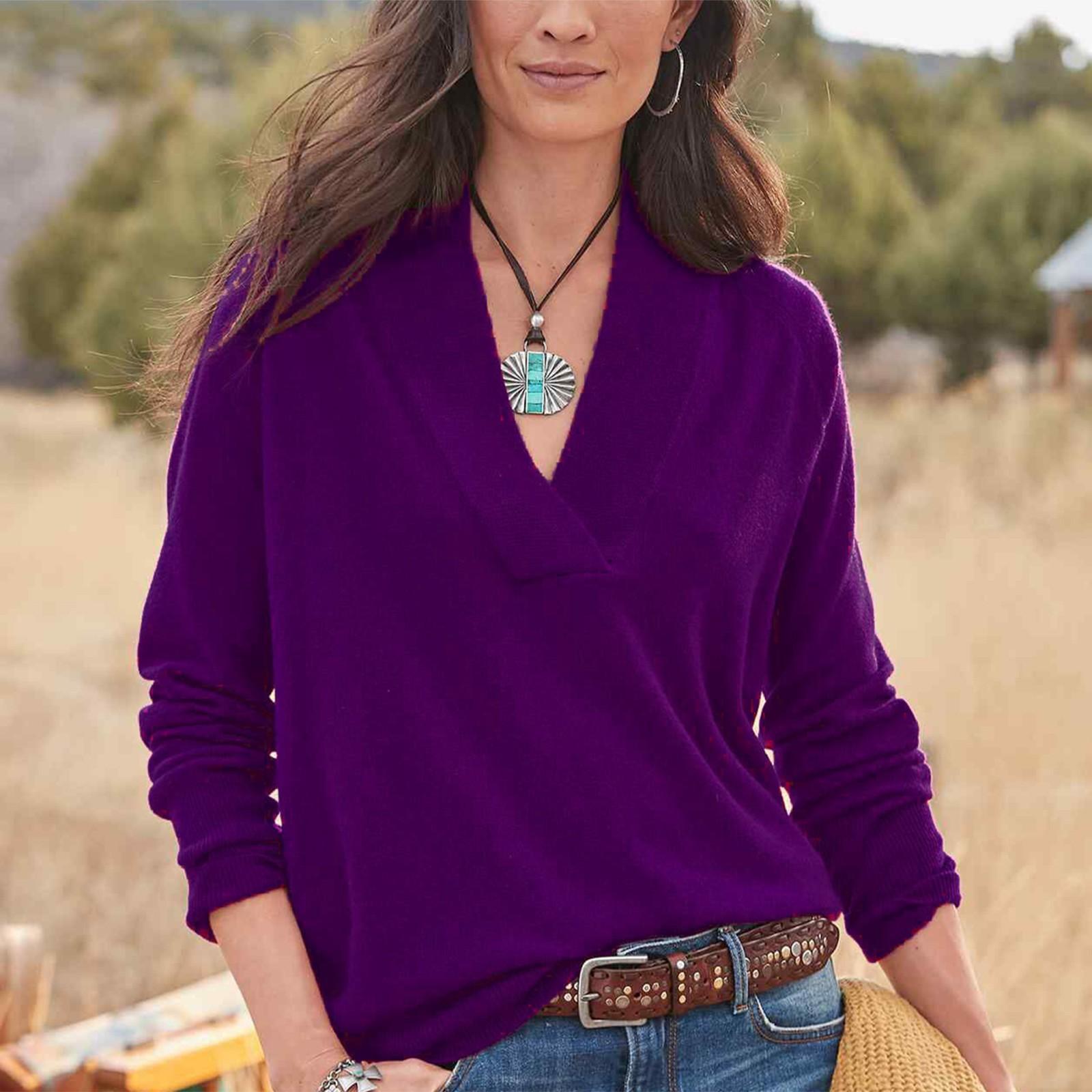 

Модный женский пуловер с v-образным вырезом, однотонный, свободный, повседневный, с длинными рукавами XL фиолетовый