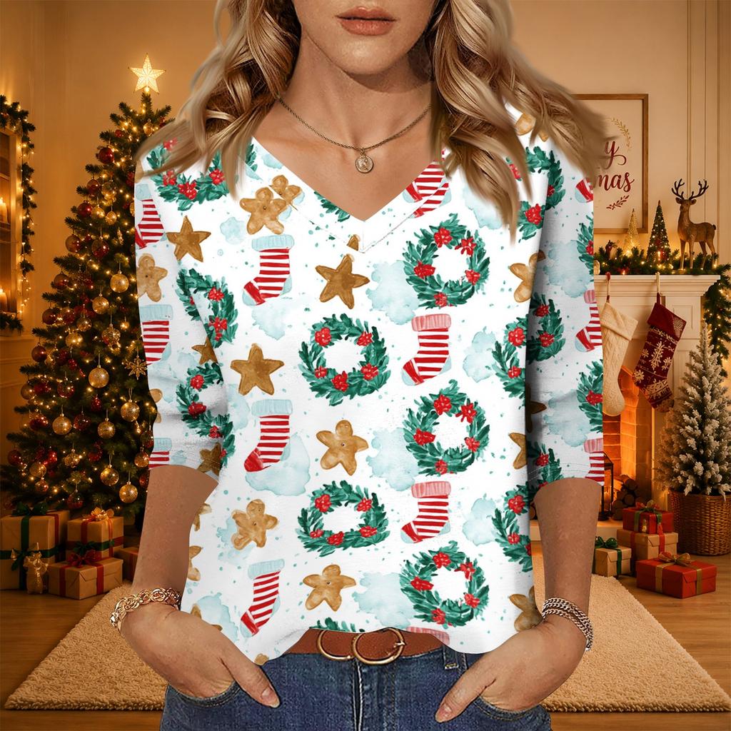 Women's Christmas Print V-Neck Three-Quarter Sleeve Loose Fit Casual Shirt