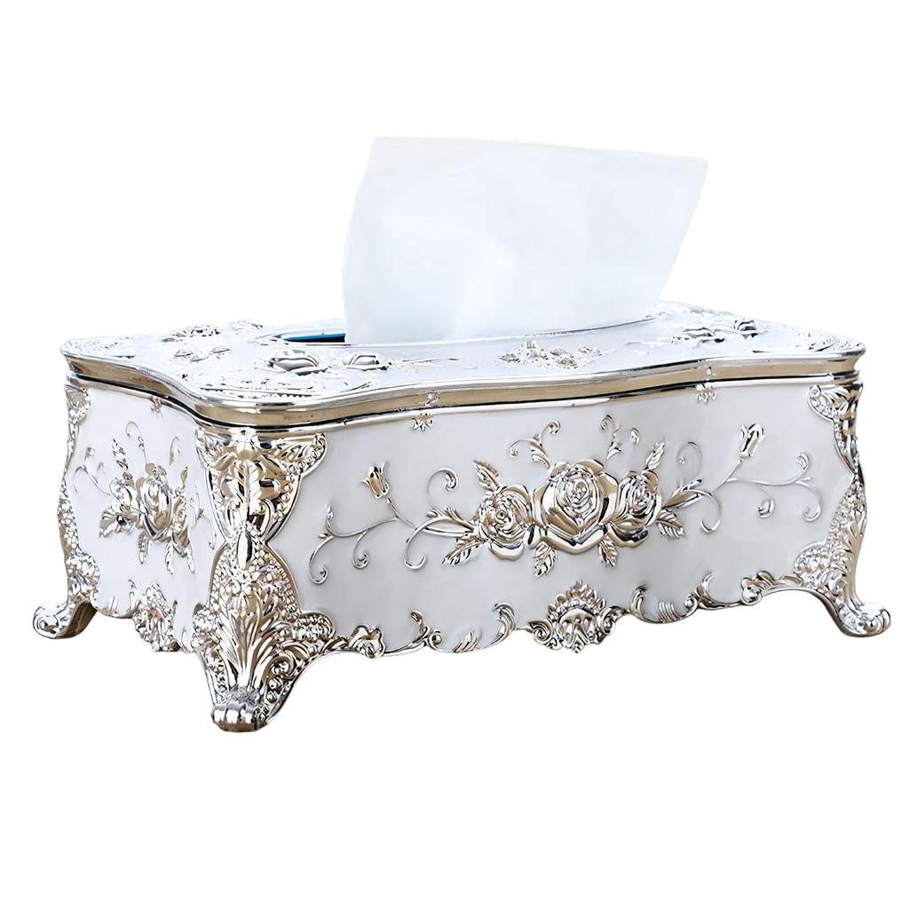 Charmoon Tissue Case with Floral Rose Design, Princess Style, Nordic, Gorgeous, Elegant, Stylish, Gold and Silver, Luxury, Antique Design, Tabletop
