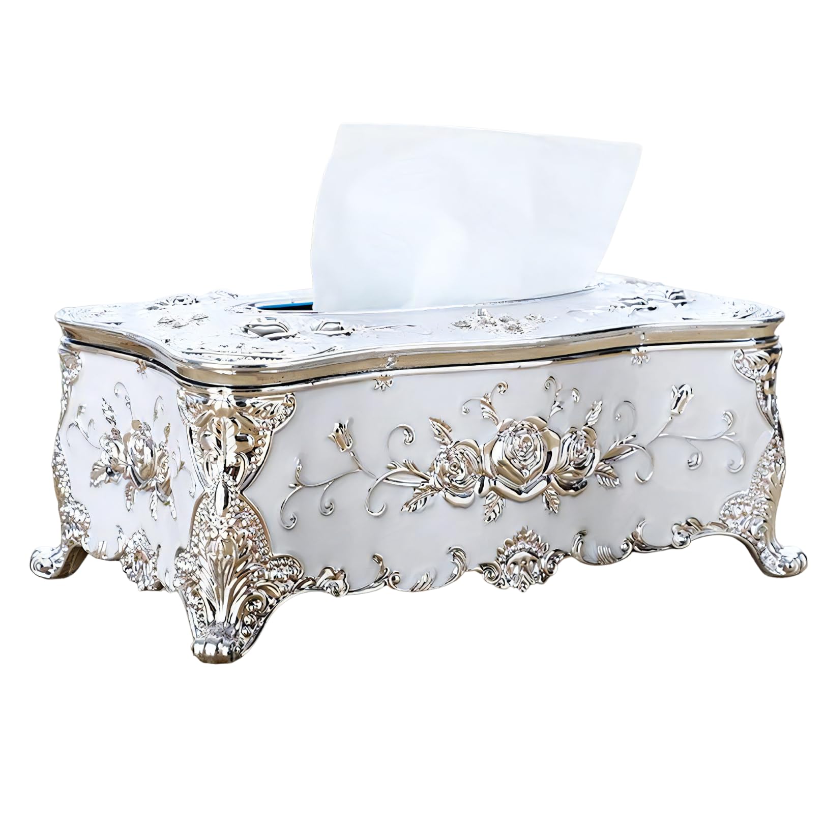 

Charmoon Tissue Case with Floral Rose Design, Princess Style, Nordic, Gorgeous, Elegant, Stylish, Gold and Silver, Luxury, Antique Design, Tabletop