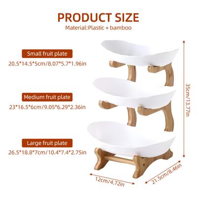 3 Tier Fruit Basket for Kitchen Plastic Fruit Bowl with Bamboo Wood Stand Easy Install 3 Tier