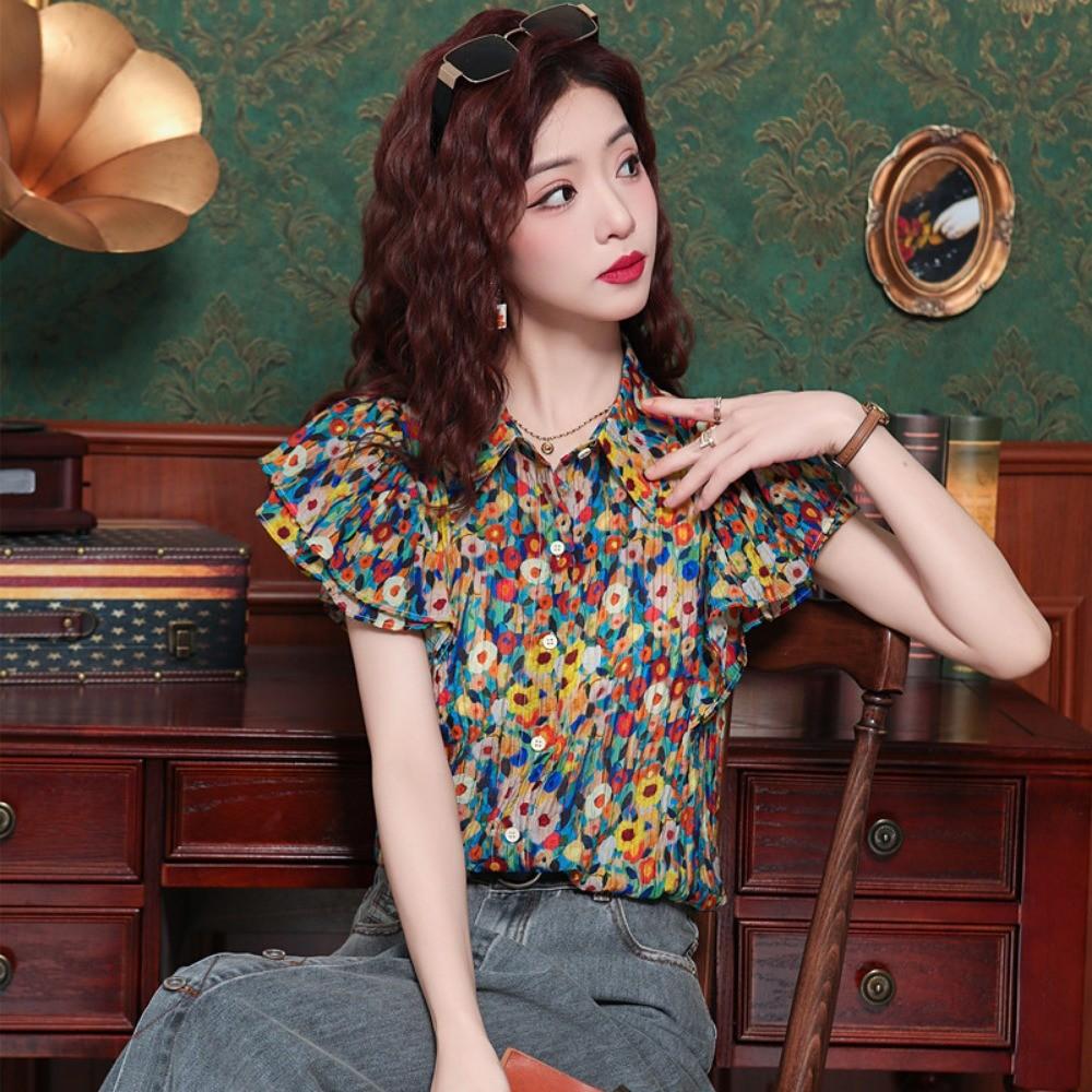 Qooth Women Summer Vintage Floral Ruffled Collar Blouse Hong Kong Style Short Sleeves Blouse QT2648