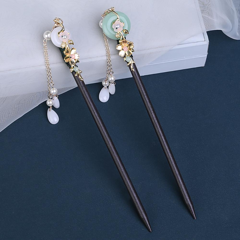 Hanfu Women Chinese Style Tassel Flower Hairpins Wooden Hair Fork Hair Sticks Hair Accessories