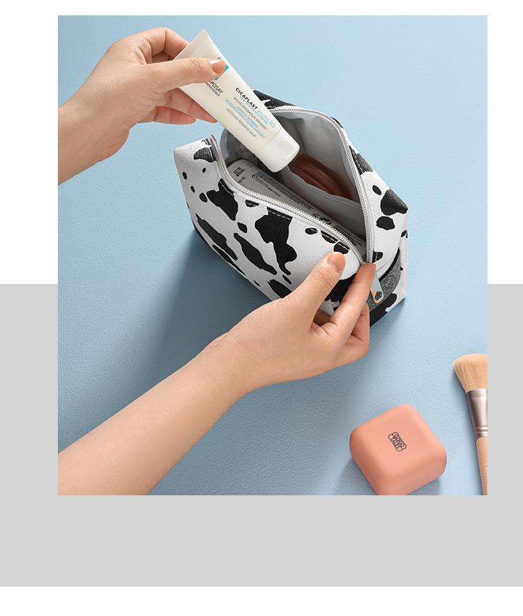 Cow Print Waterproof Cosmetic Travel Bag - Portable Skincare Organizer