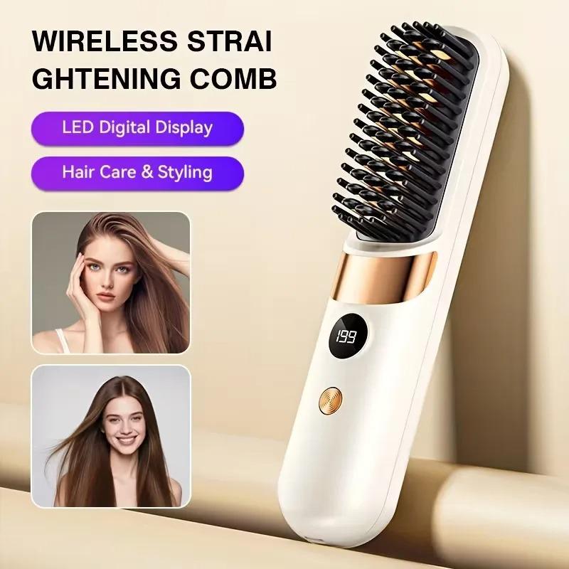 Wireless 2-in-1 Straightening Curling Comb Anti-Scald LED Display USB Rechargeable Portable for Home Travel All Hair Types