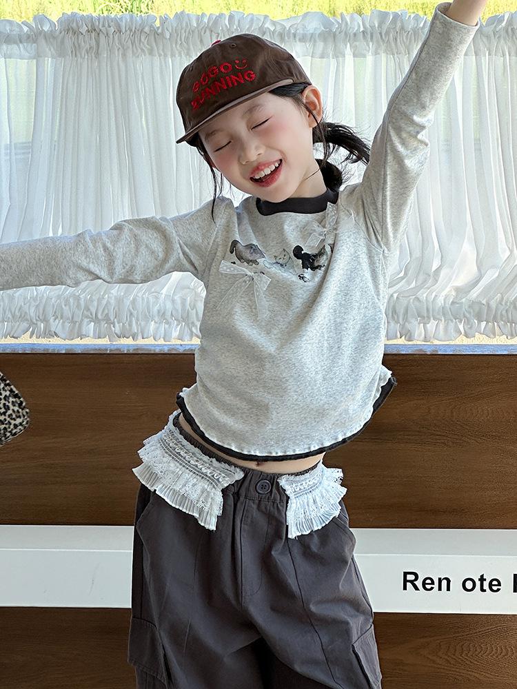 2026 Autumn Cat Print Girls' Long Sleeve T-shirt & Lace Waist Cargo Pants Set for Older Children