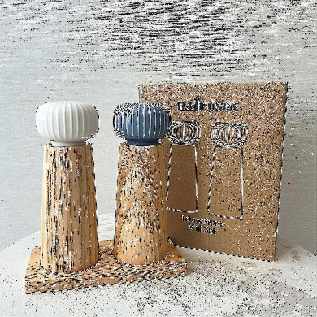 Salt And Pepper Mill Set - Wood And Ceramic Pepper Grinder Spice Mill With Adjustable Coarseness, 17.5 Cm (with Tray) - shang jue