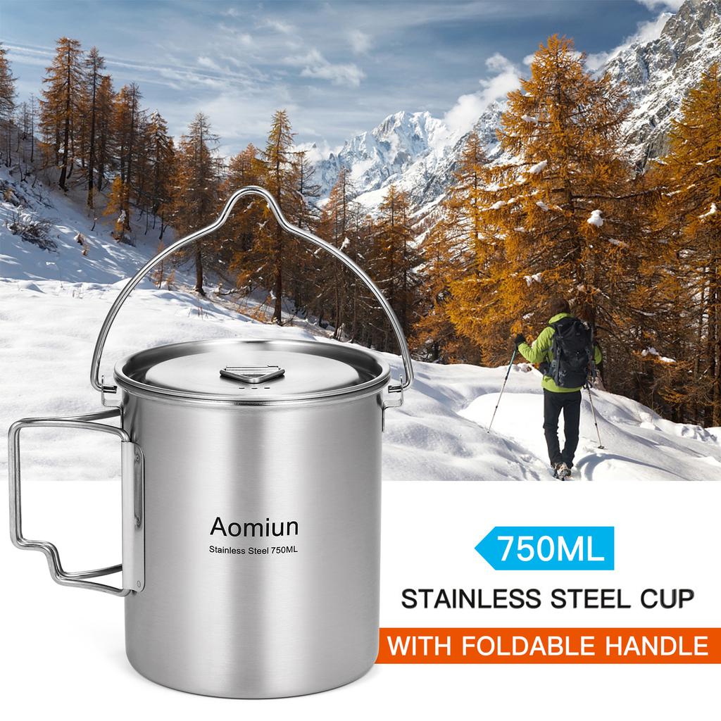 Aomiun 750ml Stainless Steel Pot Portable Water Mug Cup with Lid and Foldable Handle Outdoor