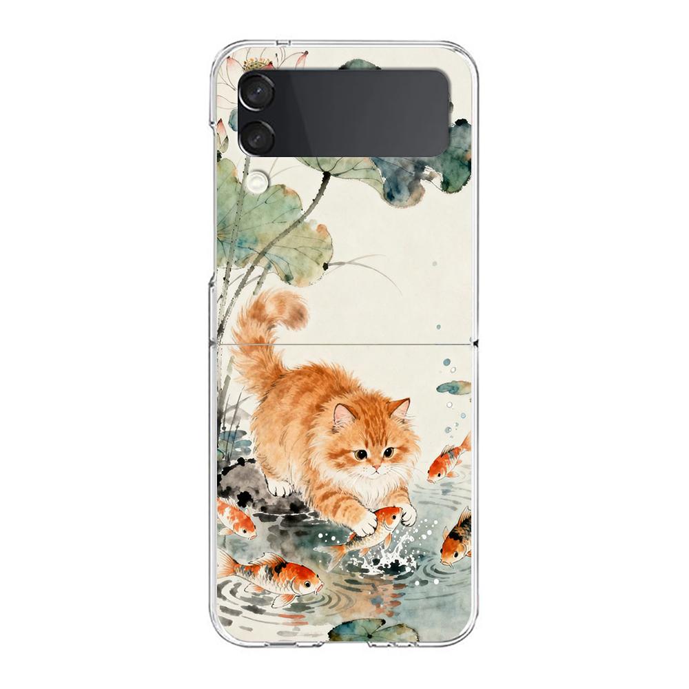 Transparent Phone Case For Samsung Galaxy Z Flip 3 4 5 6 7 Hard Folding PC Z Flip3 Flip4 Cover Protector Cat Fishing