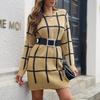 New Fall Winter Women Loose Knitted Long Sleeve Sweater Dress Plaid Contrast Color Bottoming Sizes S to L