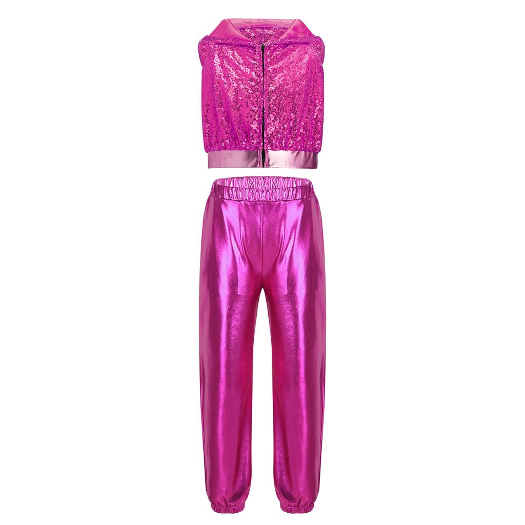 Mädchen Glitzernde Pailletten Reißverschluss Vorne Crop Top Elastische Taille Hose Hip Hop Jazz Tanz Set