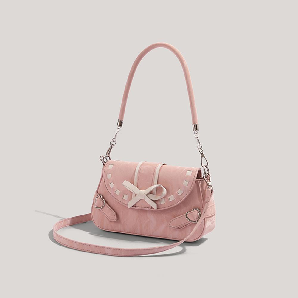 Pink White Ctrast Soft Leather Handbag PU Crossbody Bow Decorated Underarm Purse Sweet Style Women Pack Fashi Daily Bag