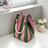 Women's Korean Style Striped Woven Bucket Bag Fashion Fortune Handbag Knitted Tote Shoulder Bag for Vacation Beach Outings