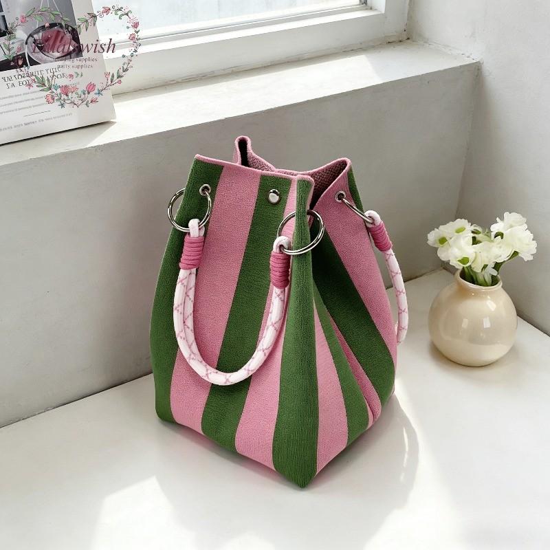 Women's Korean Style Striped Woven Bucket Bag Fashion Fortune Handbag Knitted Tote Shoulder Bag for Vacation Beach Outings