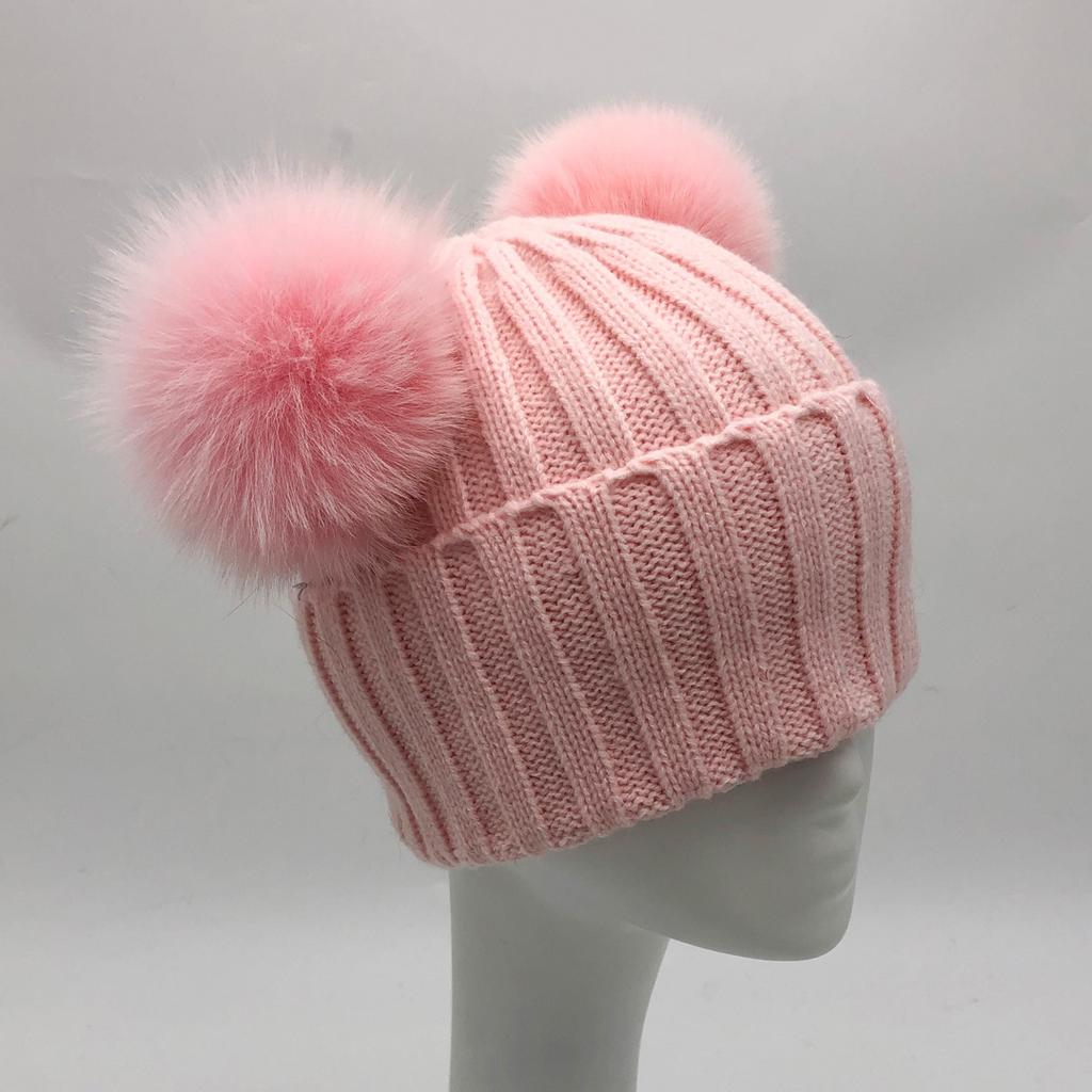 Custom Labels Double Pom Pom Baby Toddler Children Winter Beanie Knitted Hats With Fur Pompom