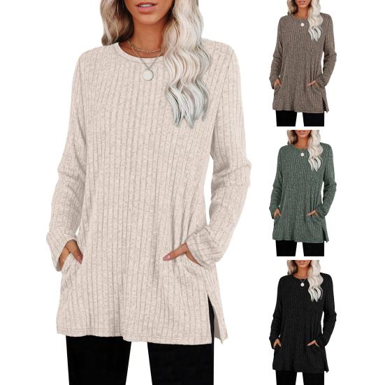 Tunique pour femme Tops Col rond Manches longues Tops en tricot avec poches latérales Couleur unie Décontracté Blouse rayée