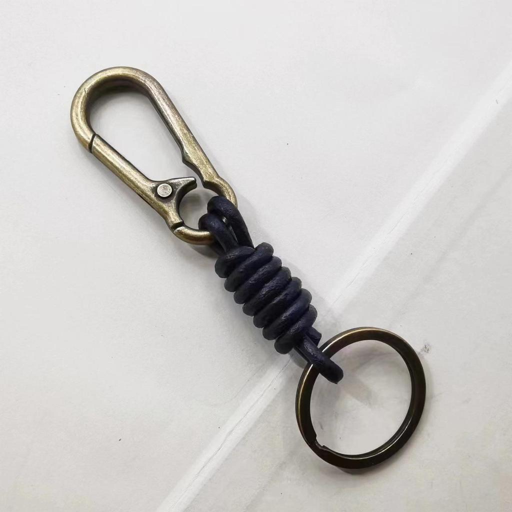 Retro Alloy Cowhide Keychain with Hand-Woven Belt - Men's Business Gift Key Ring for Car and Mountaineering Enthusiasts