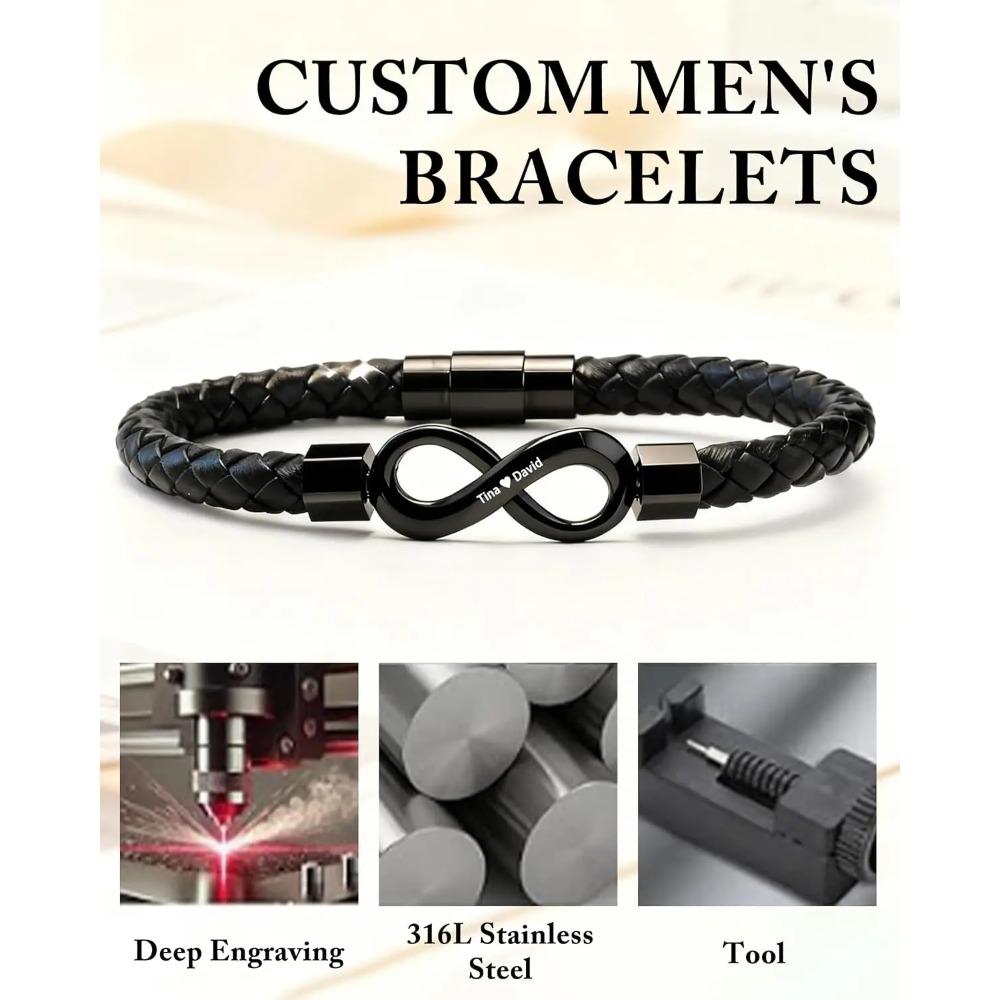 To My Man,Personalized Dual Name Infinity Leather Bracelet,Custom Name Stainless Steel Bracelet Valentine Christmas Gift for Him