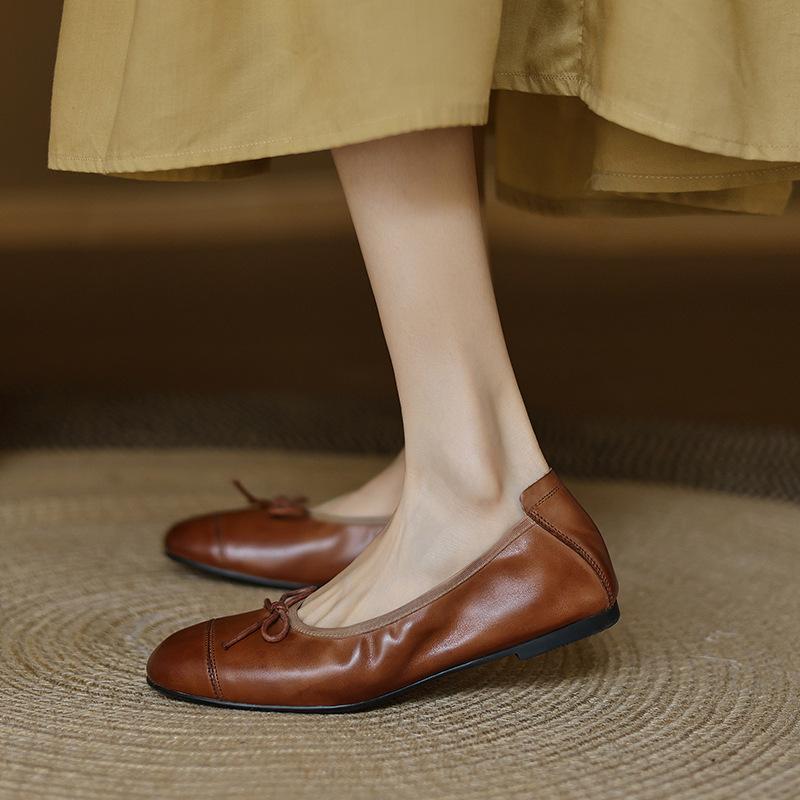 

Sheepskin version~ 2025 spring new versatile French bow gentle wind ballet one pedal women s single shoes 40 коричневый