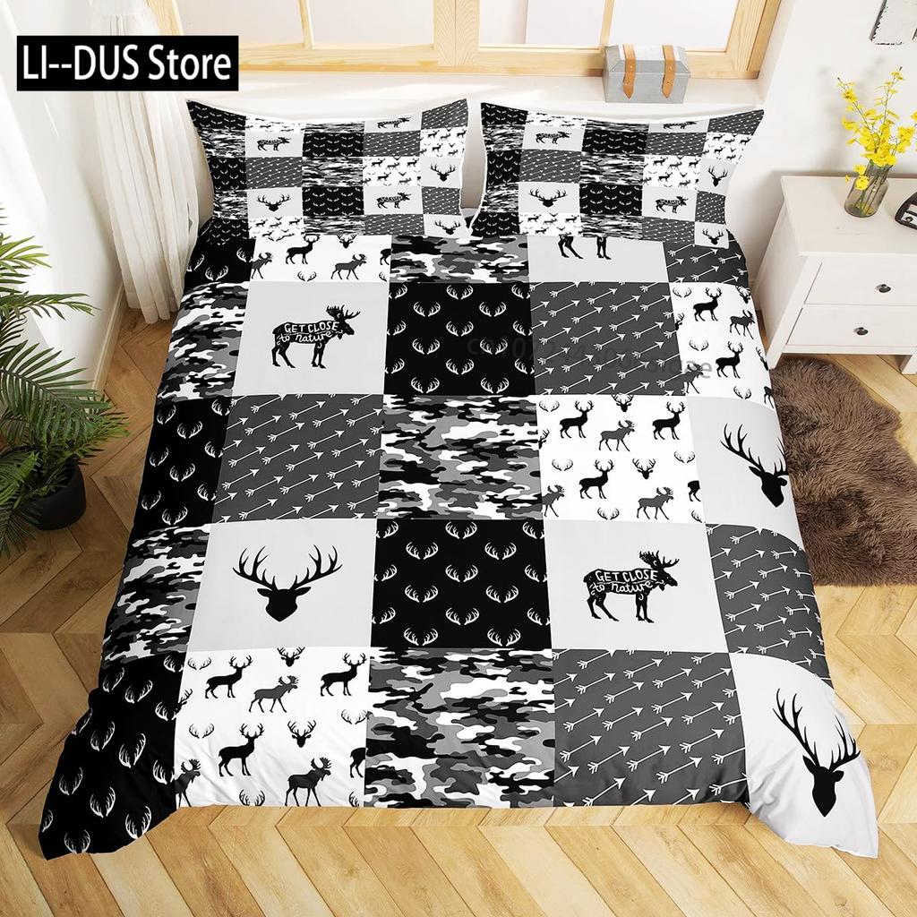 Kamo Jelen Povlečení Set Parohy Šíp Vzor Ložní Set Pruhy Mřížka Kamufláž Přikrývka Mikrovlákno King Přikrývka
