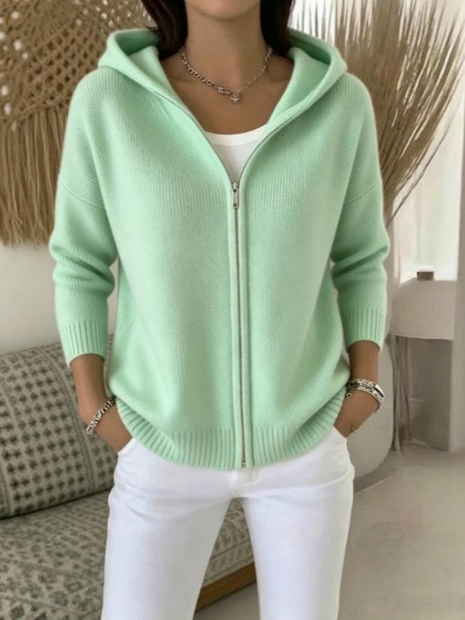 Dames effen kleur gebreide vestjas met rits en capuchon - Herfst/Winter 2026 Collectie