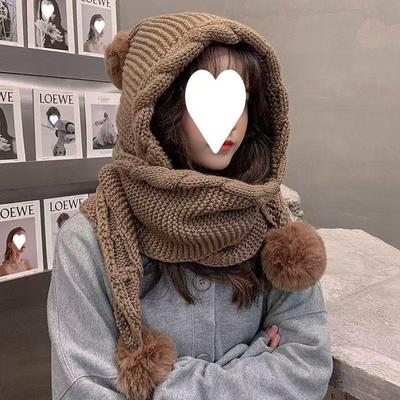 Women's Korean Style Wool Hat with Scarf - Autumn/Winter Versatile Pom-Pom Ear Protection, Thick Knit for Warmth