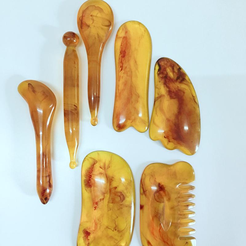 7Pcs / Set  Acupuncture SPA  Massager Antistress Scraping Board Resin Beeswax Amber Meridian Massage Tool Scraping Board Set