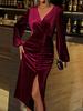 2026 European and American New Evening Dress Sexy Legs Long Sleeves Medium and Long Dress Golden Velvet Dress