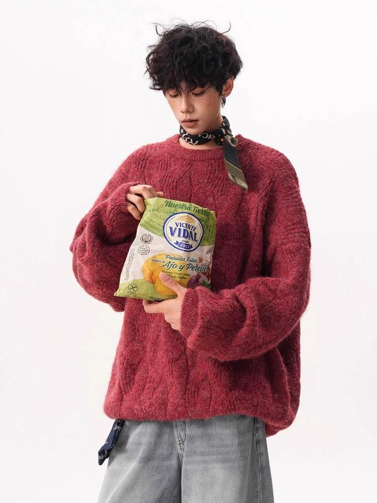 Men s Retro Cable Knit Sweater - Loose Fit, Round Neck, Autumn/Winter Style, Versatile Casual Top Large
