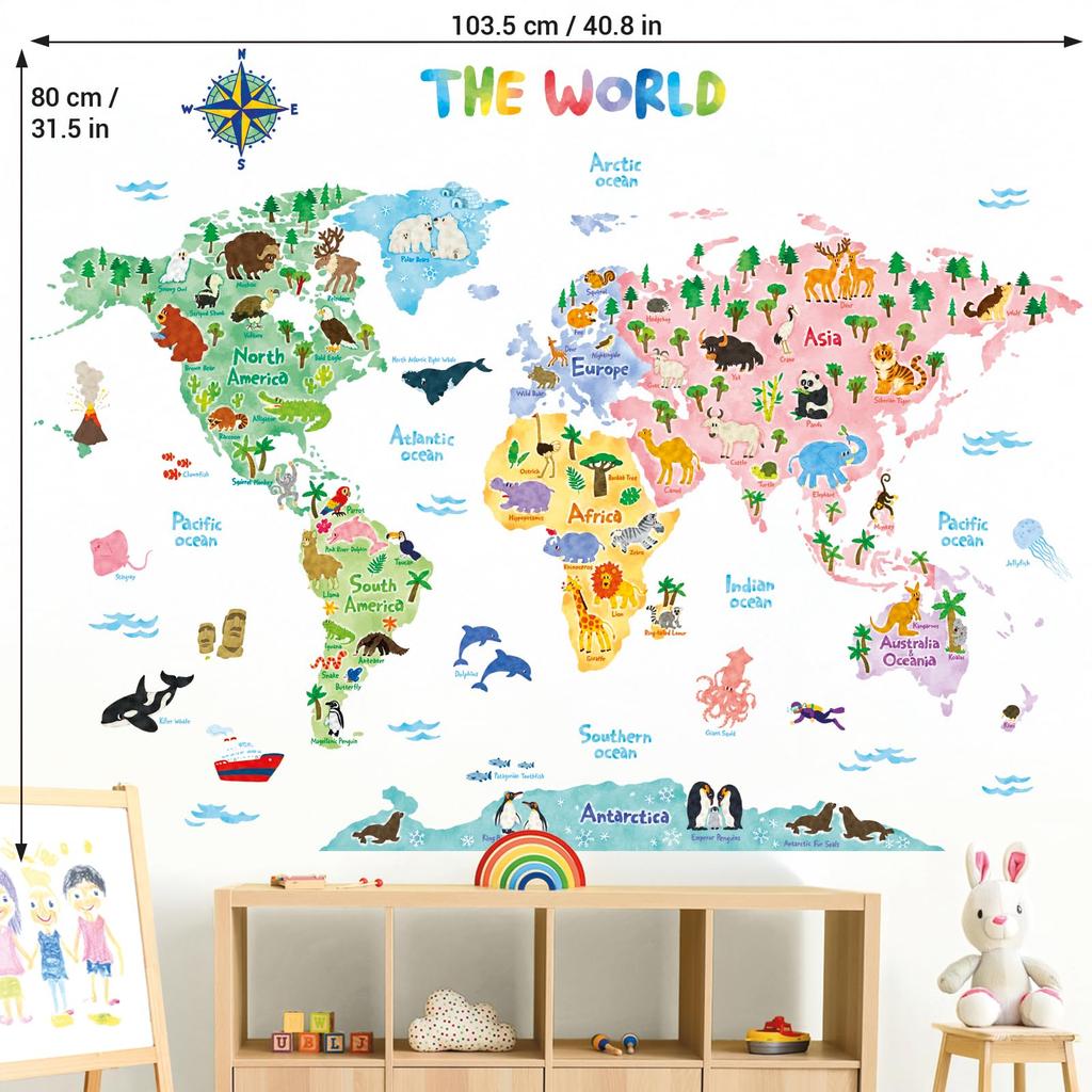 DECOWALL Animal World Map Wall Decorative Wall Art Sticker for Kids Wall Transfer Wall Art Sticker for Bathroom Teen Child SG2-1615S Sticker,