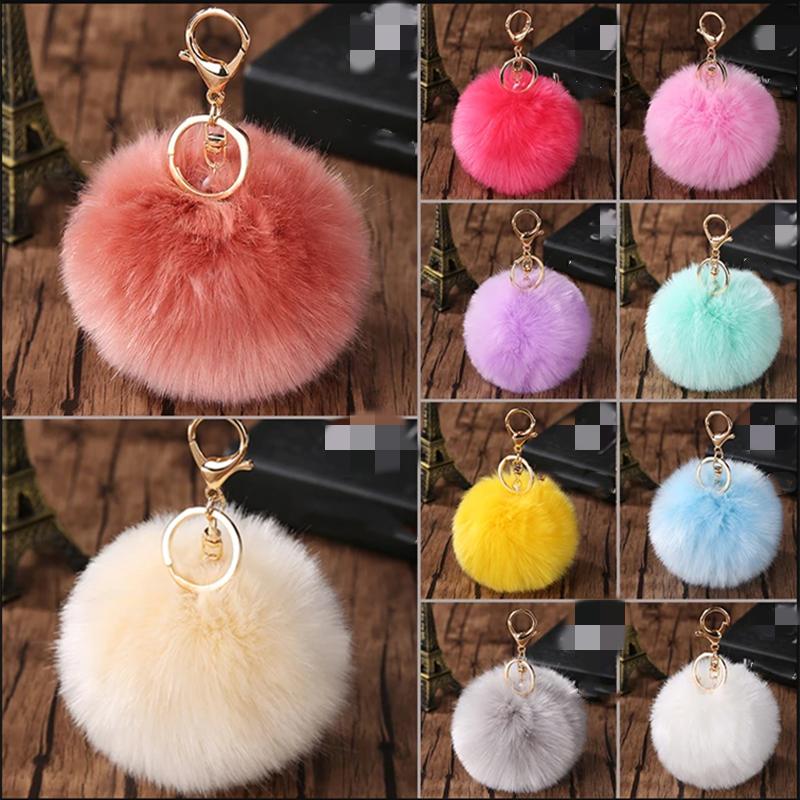Pompom Trinket Fluffy Artificial Rabbit Fur Ball Key Chain 8cm Pompons Keychain Women Car Bag Key Ring Hang Jewelry