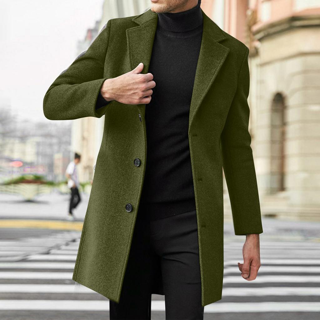 Men's Mid Length Trench Coat Trendy Business Single Breasted Wool Coat