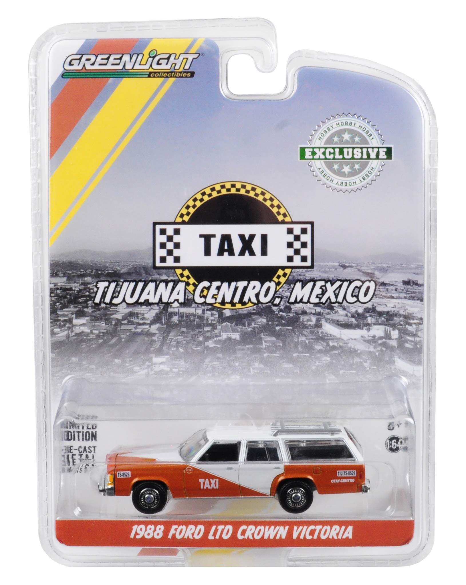 Greenlight 1988 Ford Crown Victoria Wagon with Roof Tijuana Mexico Brown and Hobby Limited Edition Scale Diecast Car Rack, Centro, Taxi, White, 1/64