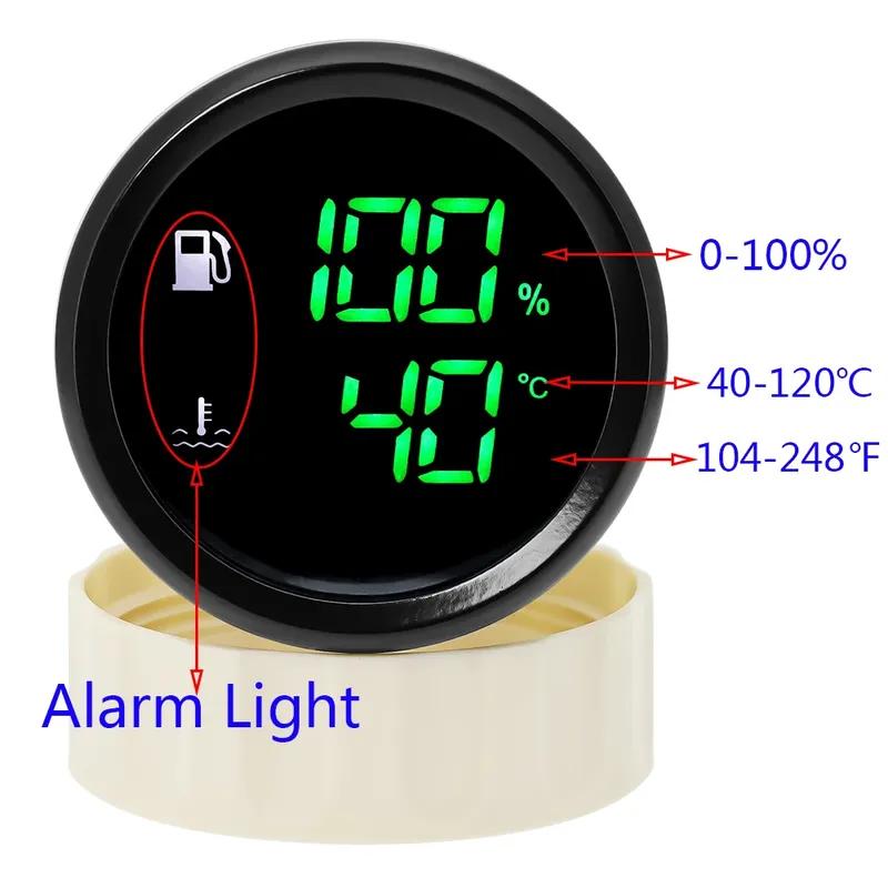 0-190Ohm Fuel Level Gauge+Water Temperature Meter with Alarm Digital 52MM Dual Gauge Oil Tank Float Sensor 100~600MM Car Custom