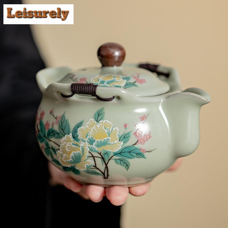 Pea Green Ru Kiln Porcelain Tea Set Kit Vintage 1 Pot 1 Cup Portable Travel Tea Maker Hibiscus Designer Outdoor Handbag Craft