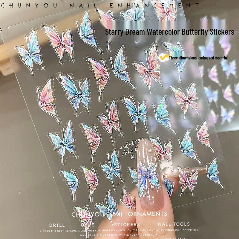Aurora Iridescent Butterfly Nail Art 3D Stickers & Watercolor Decals